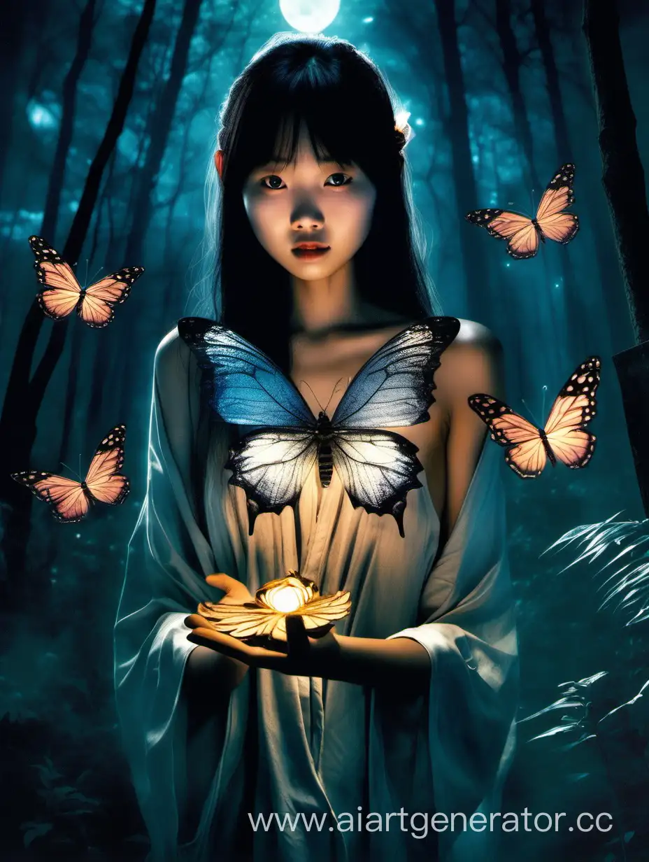 полностью обнаженная китайская девушка держит на ладони светящуюся бабочку в темном лесу освещенном лунным светом