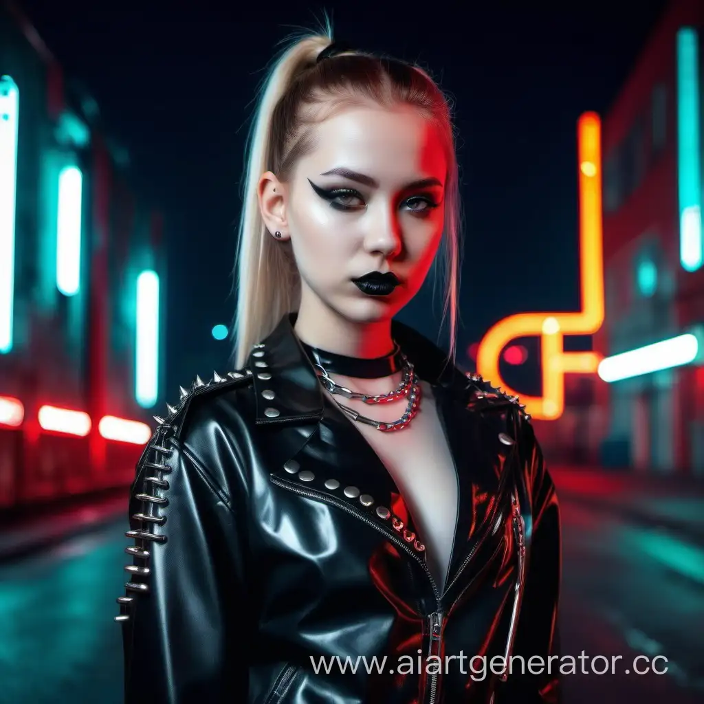 A beautiful girl,
15 years,
Russian,
ponytail hairstyle,
black lipstick,
black latex jacket,
white metal rivets, chain on the shoulder,
red T-shirt,
black latex collar,
stands straight
against the background of the neon city street.