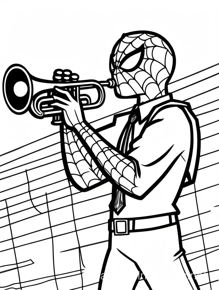 spiderman playing a trumpet, Coloring Page, black and white, line art, white background, Simplicity, Ample White Space. The background of the coloring page is plain white to make it easy for young children to color within the lines. The outlines of all the subjects are easy to distinguish, making it simple for kids to color without too much difficulty
