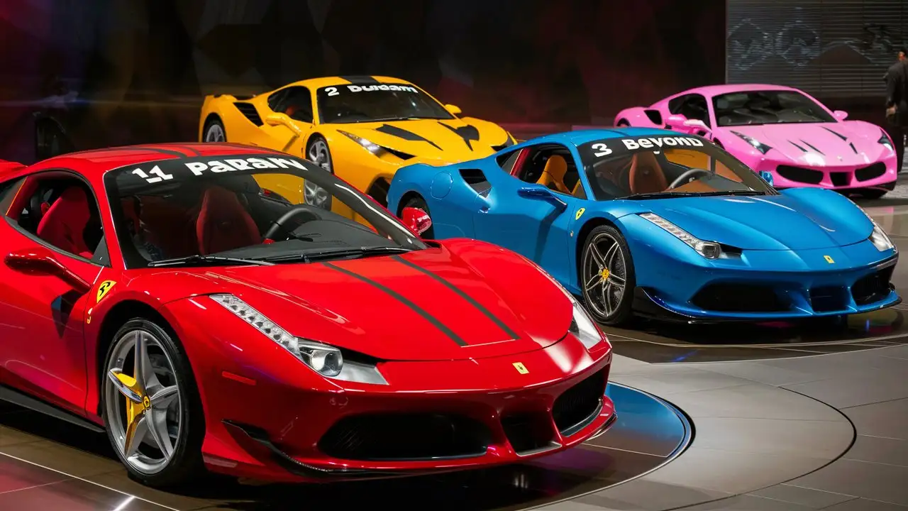 Four Colorful Ferrari Cars with Unique Windscreen Labels