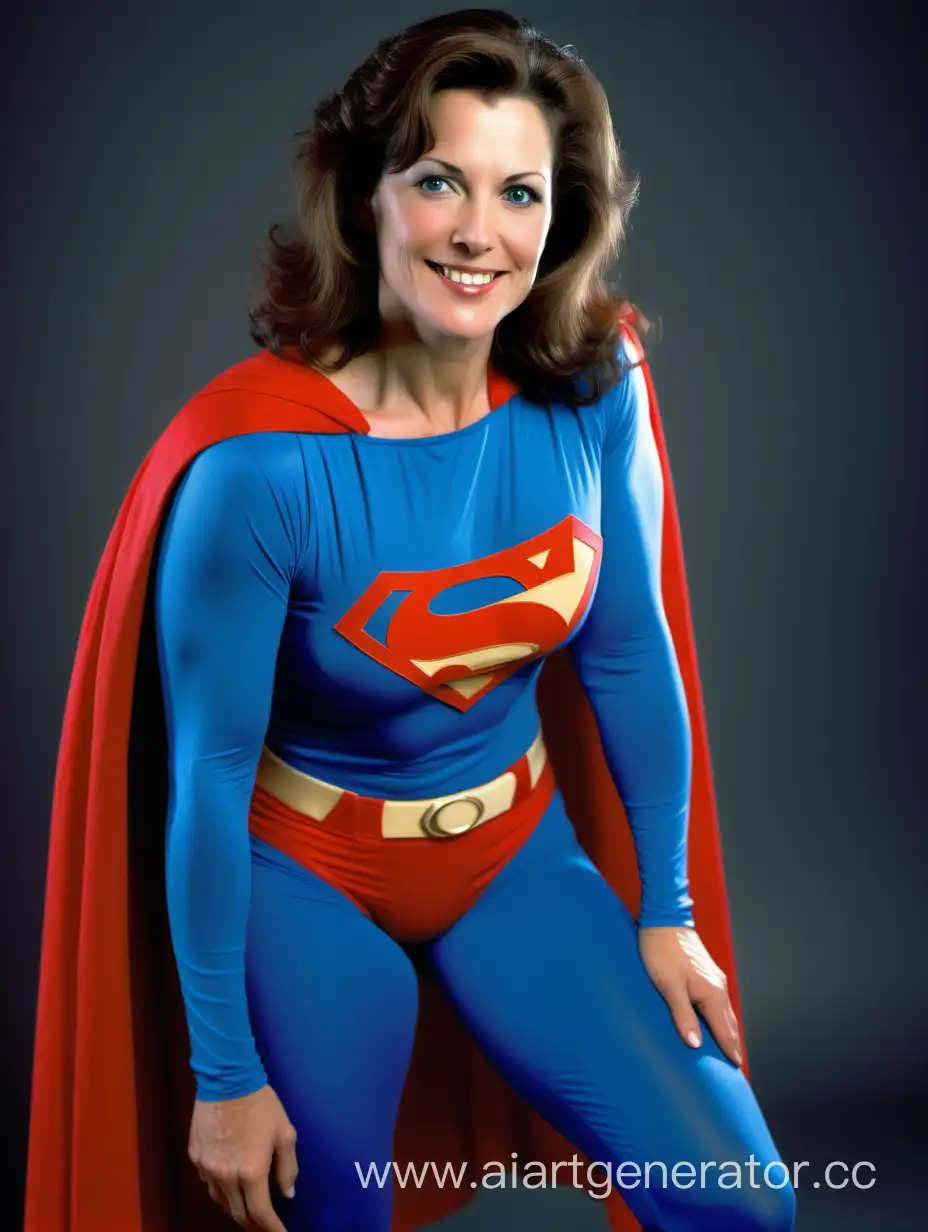 A beautiful woman with brown hair, age 47, She is happy and muscular. She is wearing a Superman costume with (blue leggings), (long blue sleeves), red briefs, and a long cape. Her costume is made of very soft cotton fabric. The symbol on her chest has no black outlines. She is posed like a superhero, strong and powerful. In the style of a 1980s movie.