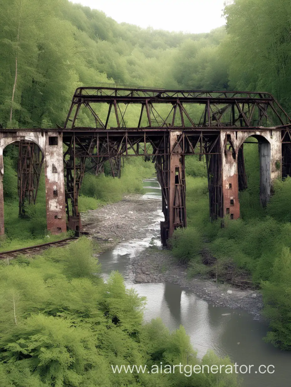 Заброшенная деревня и сломанный железнодорожный мост у реки. Позади деревни лес