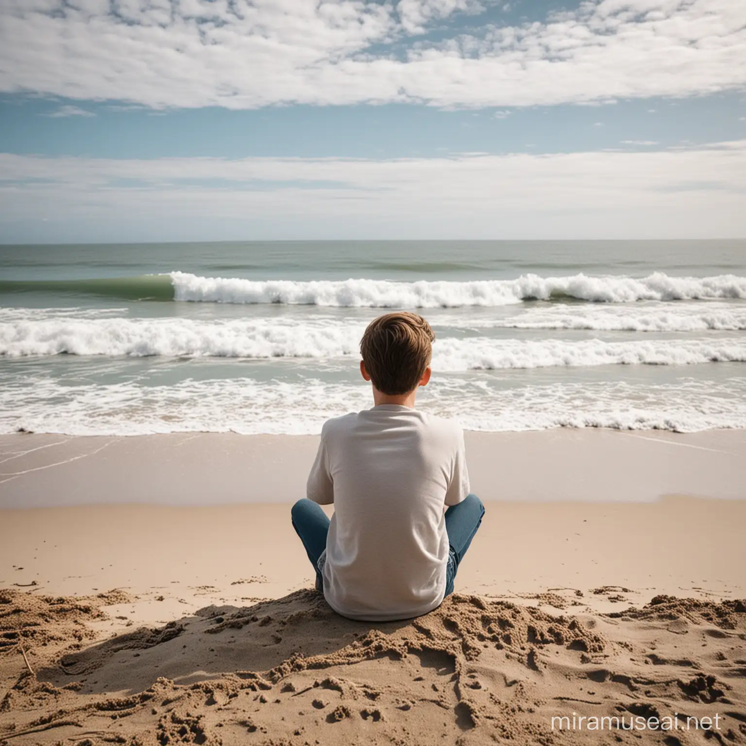 Um menino branco,sentado na praia,de costas,olhando pro oceano