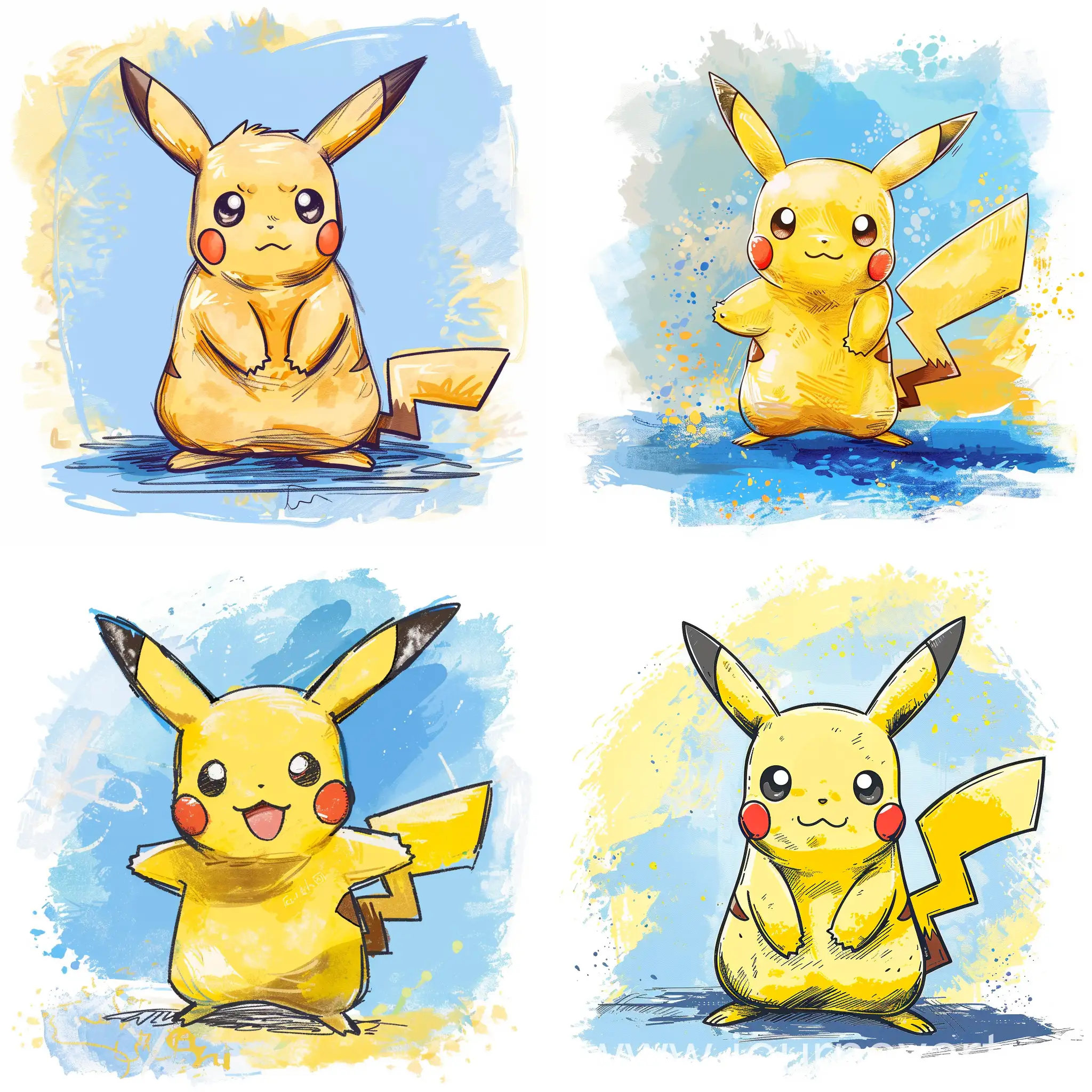 after Watterson style character,a cute Pikachu trying hard in a thick line hand-drawn style, plush feeling, vector file, watercolor, blue and yellow background , rough, minimalism, front view