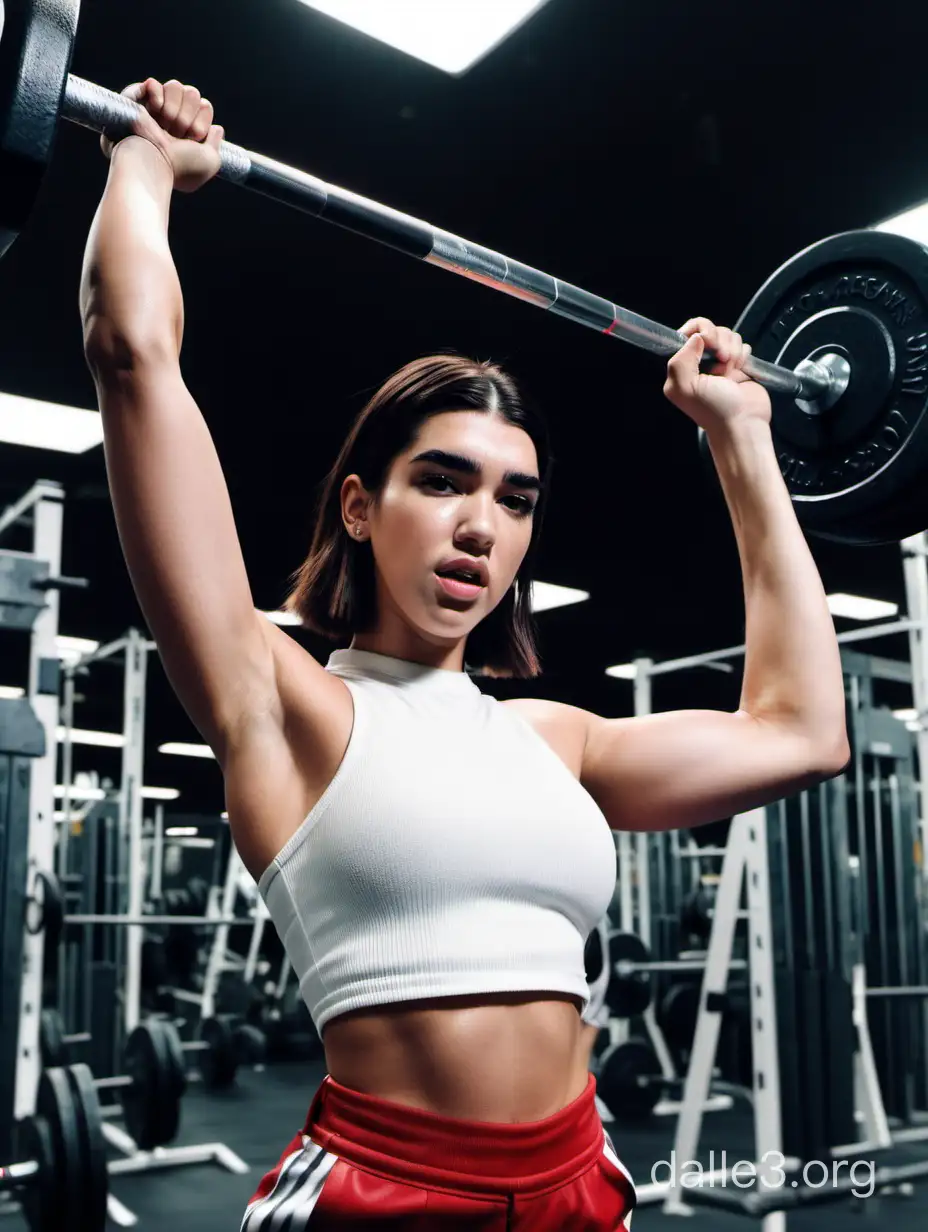 Dua Lipa lifts a barbell in the gym, She lifted the barbell high above her head, she is wearing a white sleeveless top, her biceps are very tense, sweaty