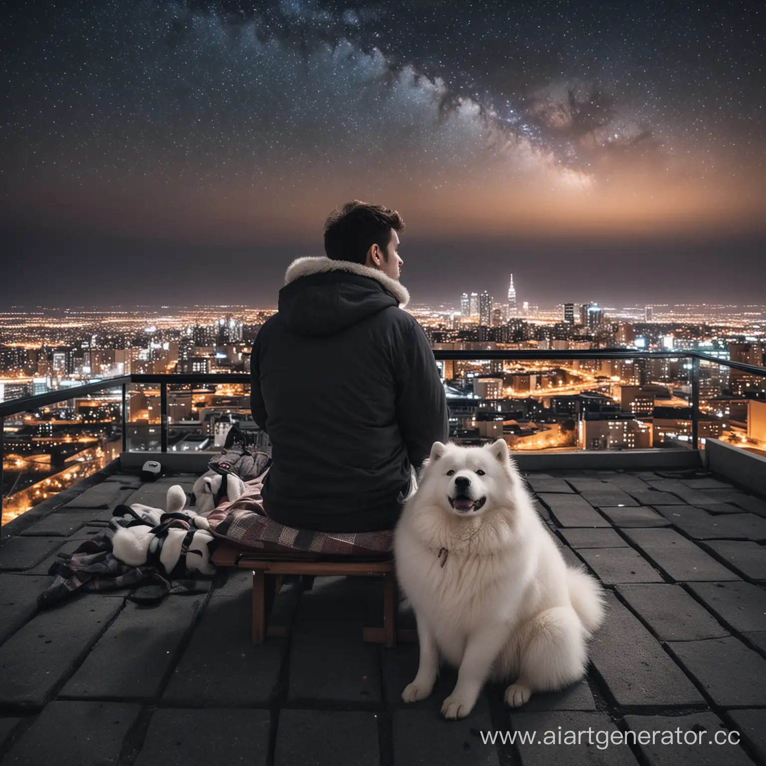 Парень, сидящий спиной на шезлонги на крыше жилого здания, и смотрит на звёздное небо, вокруг огни ночного города, и рядом с парнем лежит один пёс самоед. Лиц не видно