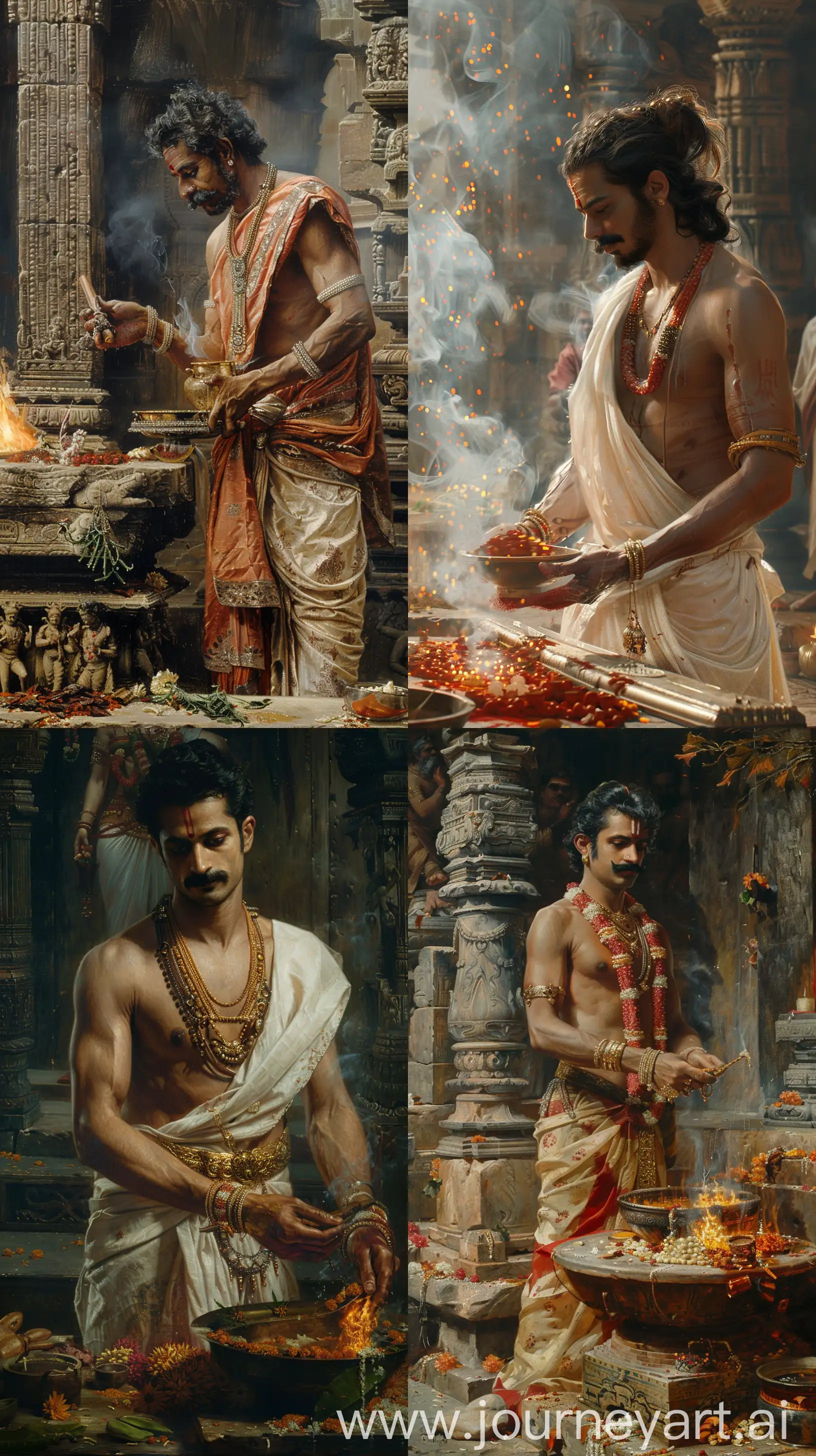 Ancient Indian times, king Bali ( an Indian man in his forties, with a moustache, fair skin tone) performing a yagna ritual, intricate details, high resolution image --s 300 --ar 9:16 --v 6