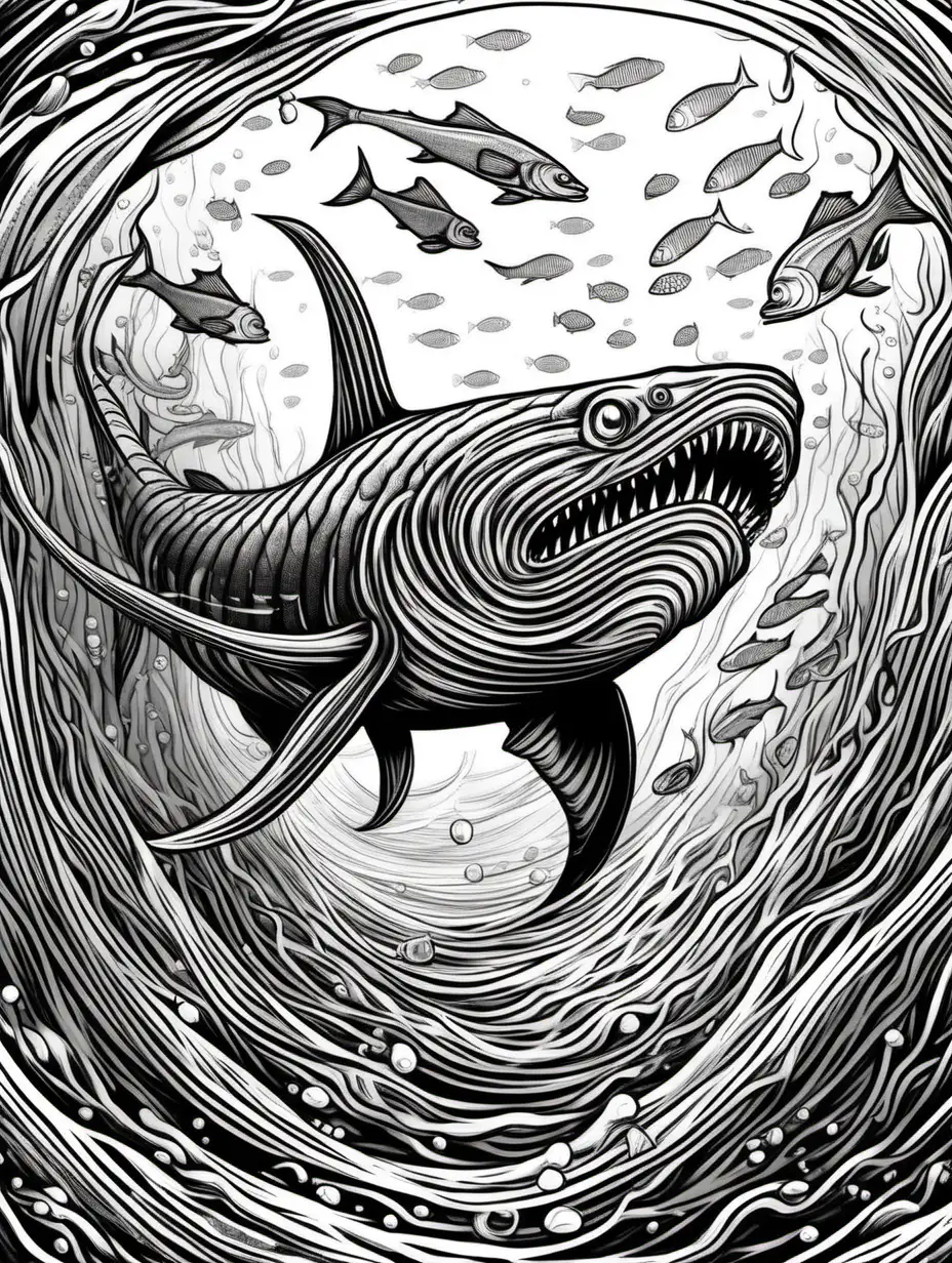 leviathon,chasing fish, low detail, underwater, sea- floor, black and white, cartoon style,thick lines,no shading, no colour,  
