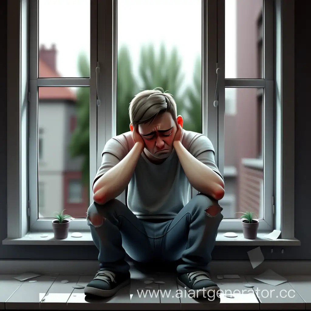 Lonely-Man-Sitting-on-Windowsill-in-Sorrow