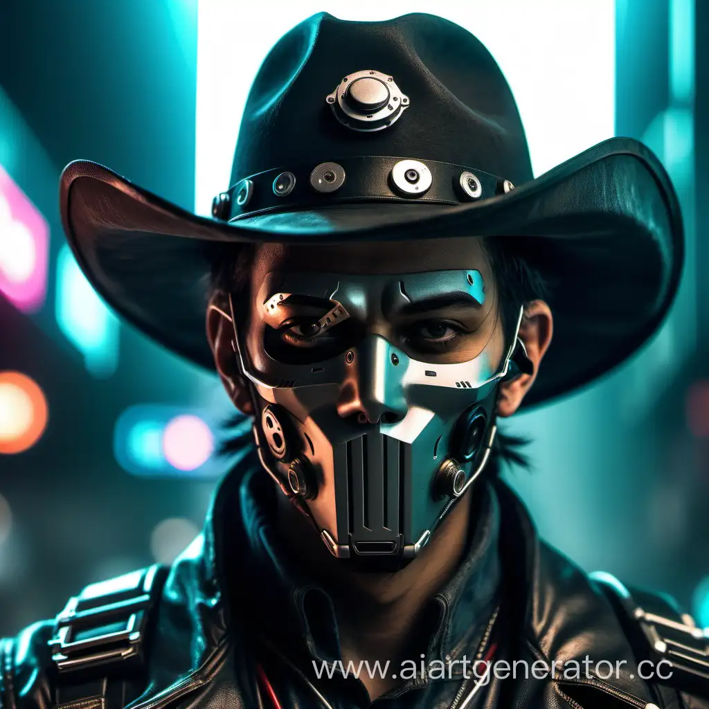 Человек в стиле киберпанк в ковбойском шляпе и в маске познавший мир у которого в глазах чувствуется безразличие 