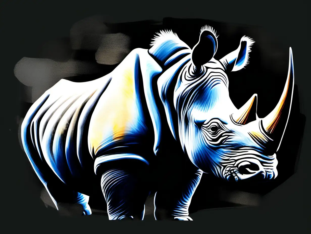 Rhino Painting in BrushLike Ruff Style on Black Paper with Watercolor Accents