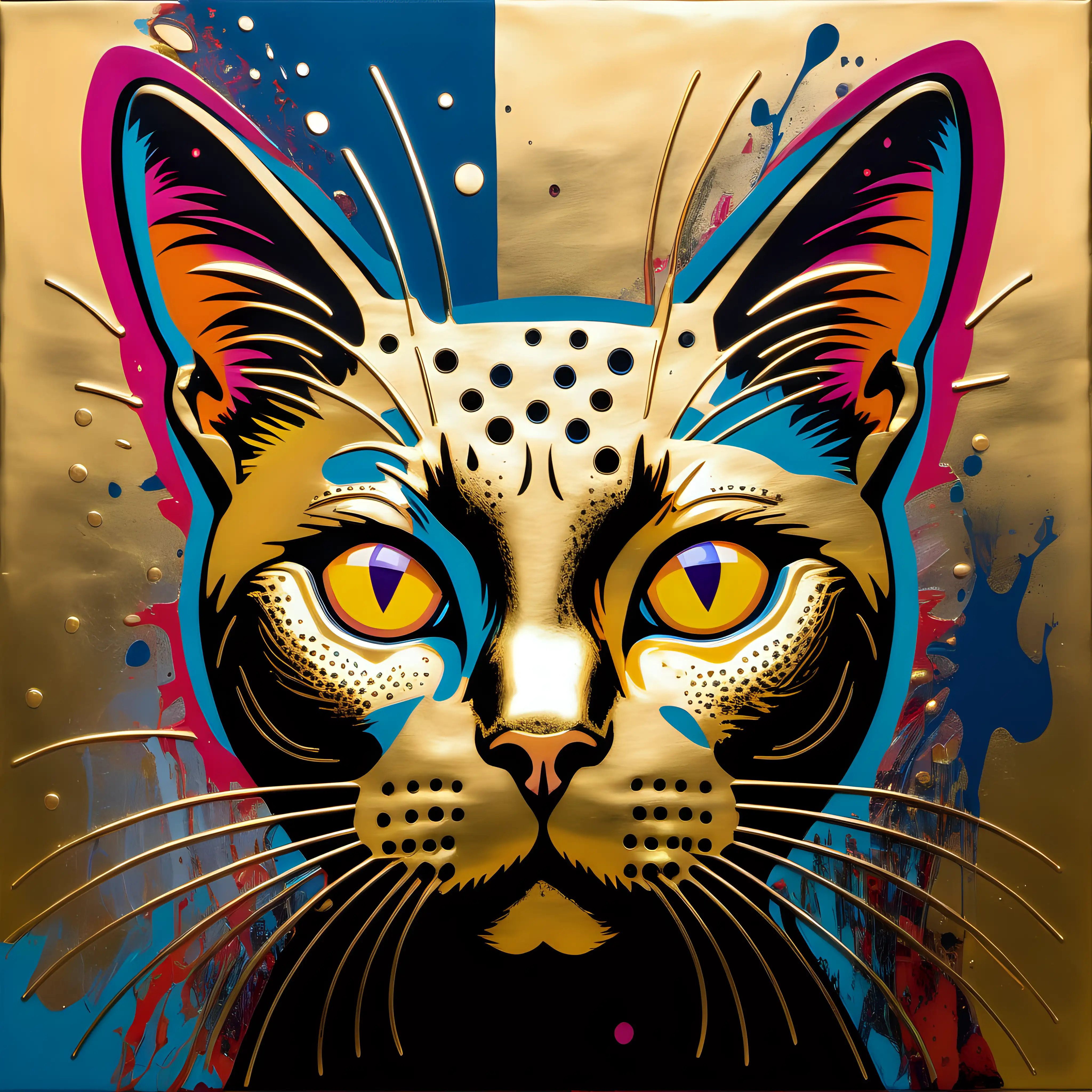 Andy Warhol and Jackson Pollock inspired artwork with vibrant modern and urban mysticism. face of a of a cat vibrant colours gold colour

