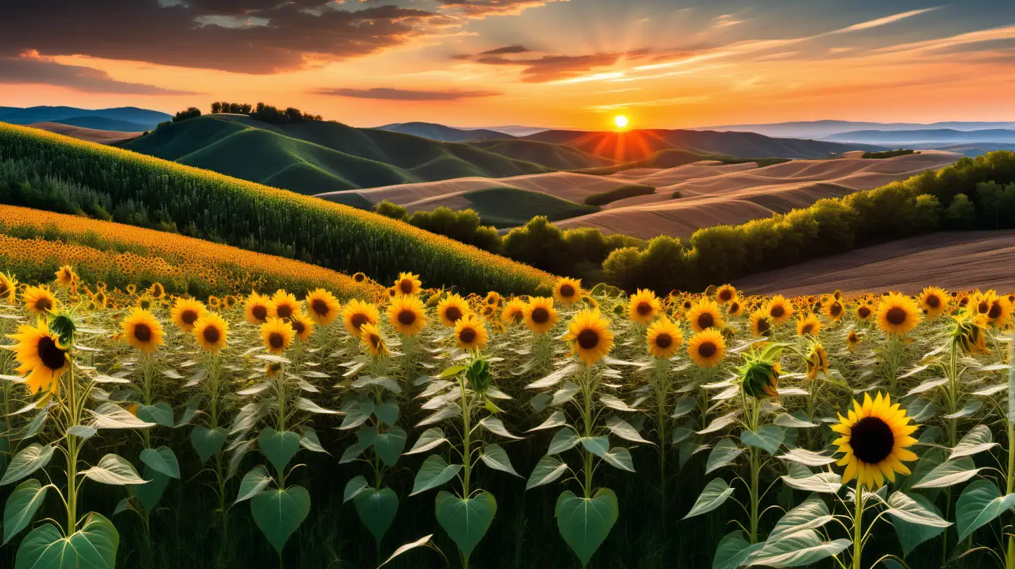 wild sunflower field with rolling hills at sunset