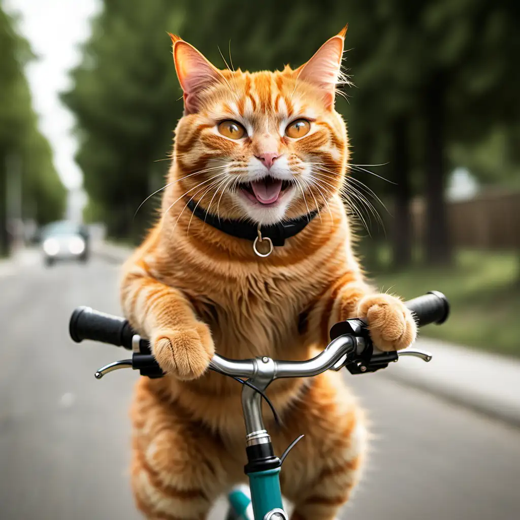 orange cat riding a bike while smiling

