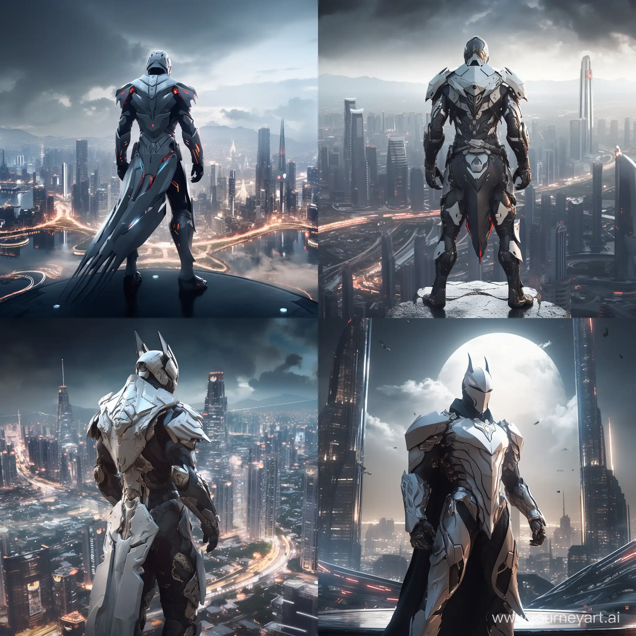 a futuristic white dark knight standing in front of a futuristic city, concept art by Zhang Han, cgsociety contest winner, rayonism, reimagined by industrial light and magic, cryengine, official art