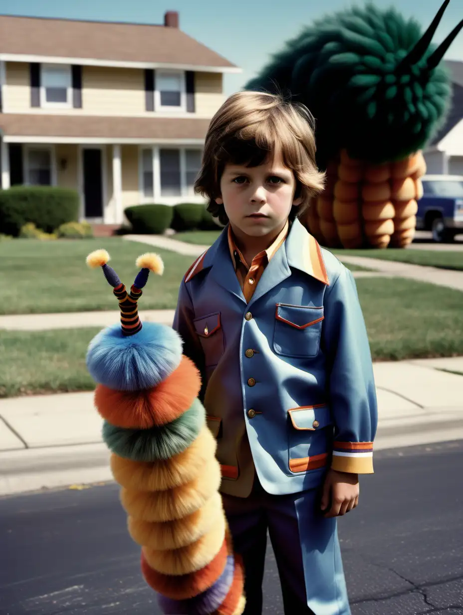 A realistic, highly detailed photo of a small boy dressed in 1970's style clothing, stands next to a giant fury, multi colored caterpillar. They stand in the middle of a street, in a pristine 1970's style suburban neighborhood with homes that all look the same. Closeup. Looking straight ahead. Blank expressions. 