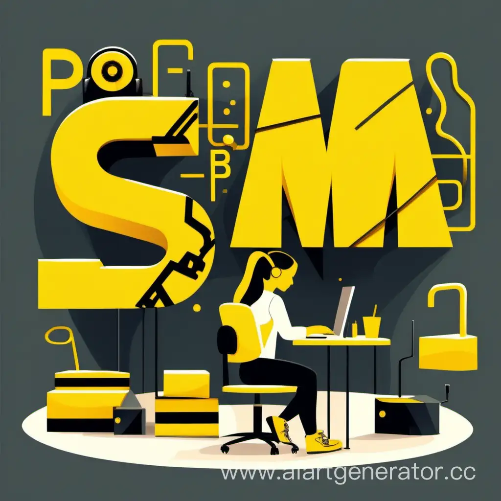 Girl-Working-Near-SMM-Letters-in-Vibrant-Yellow-and-Black-Colors