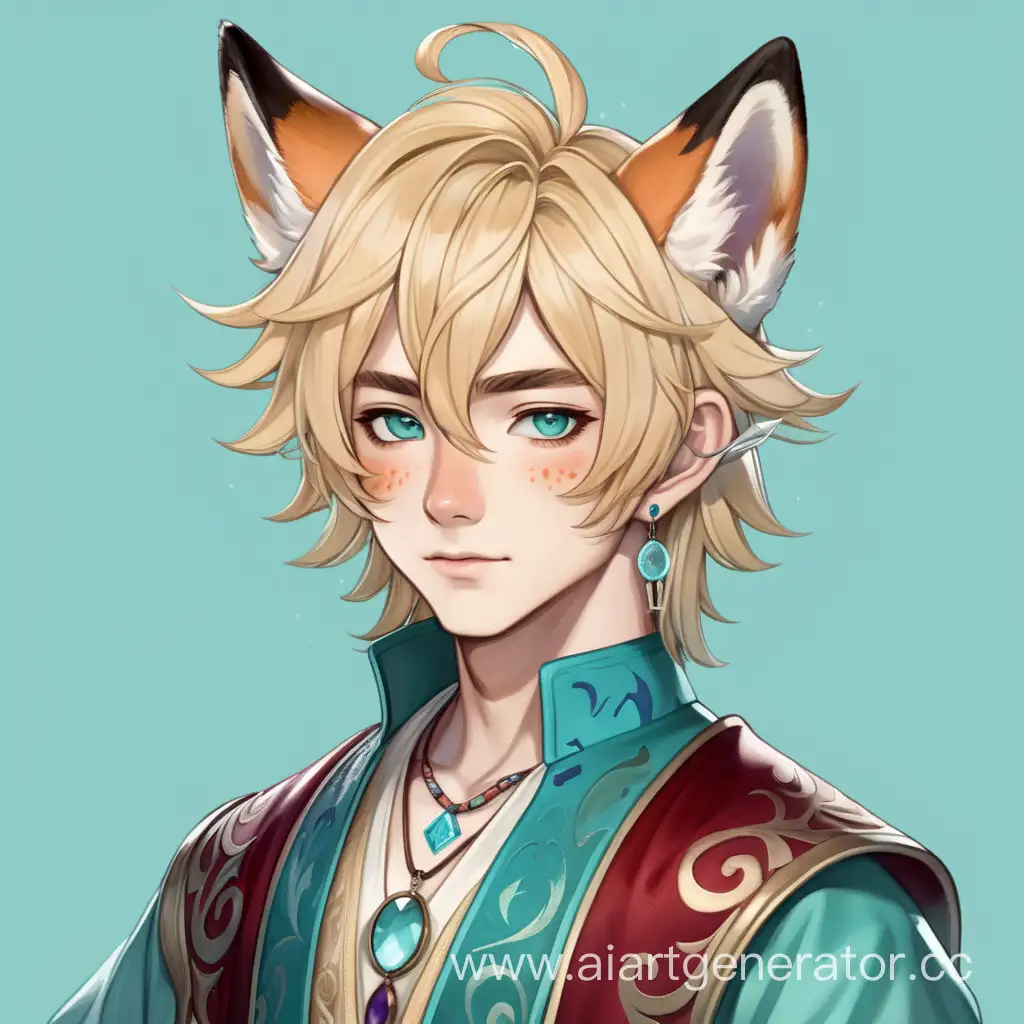 A guy with medium-length blond hair turning into aquamarine, an Asian-style bard costume, a scar on his neck, mint-colored eyes, a purple crescent-shaped pendant with a red stone in the center, small brown fox-like ears with cream patterns on the ends,freckles on his face and small painted lines near the eyes, good-natured children's look, full-length image, anime
