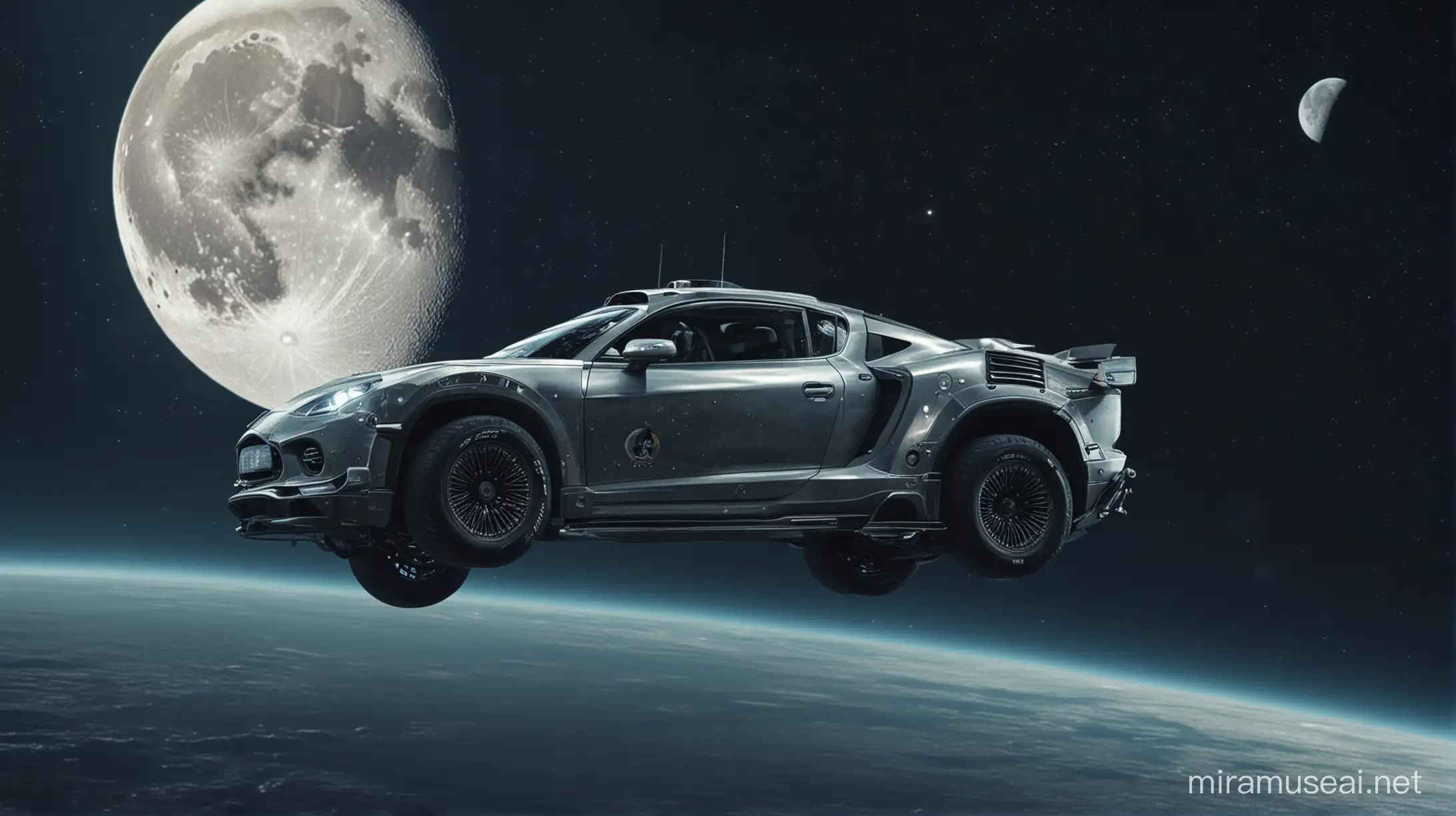 Car in space, moon in the background floating in space

