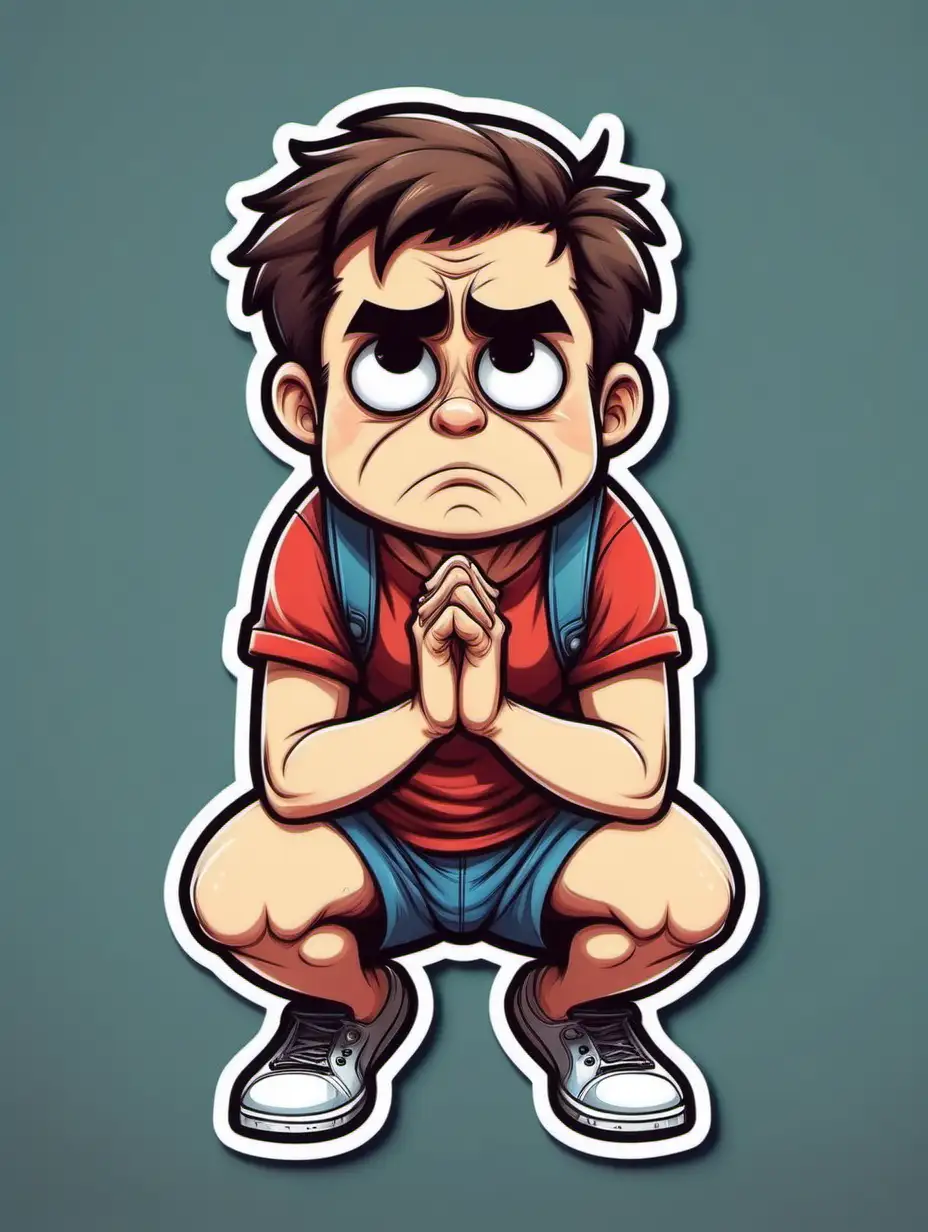 Cartoon Boy in Sad Kneeling Pose Expressive Sticker Art