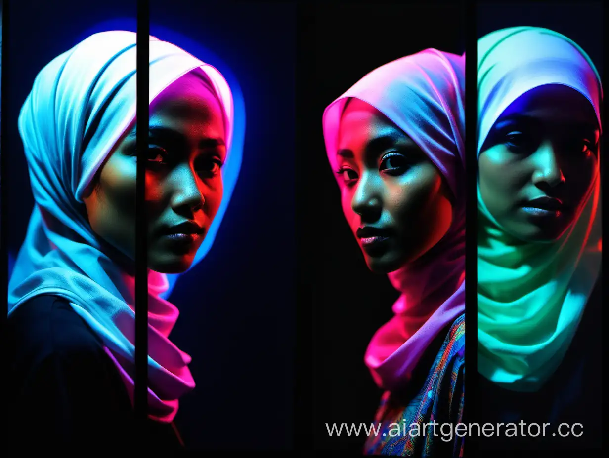 Shifting spectra, mixed multimedia portrait photography, women, Indonesian, hijab, slim, spectacular neon lighting, additional contrast, cinematic risograph on three panels