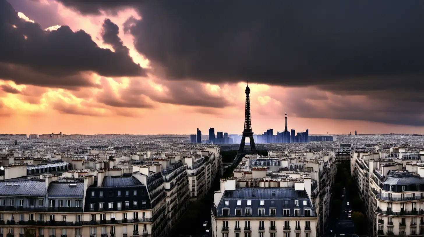 Paris at twilight, dramatic cloudy sky, cinematic lighting, photographic quality.