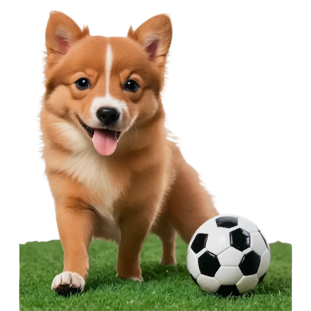 a cute dog playing footbal on grass
