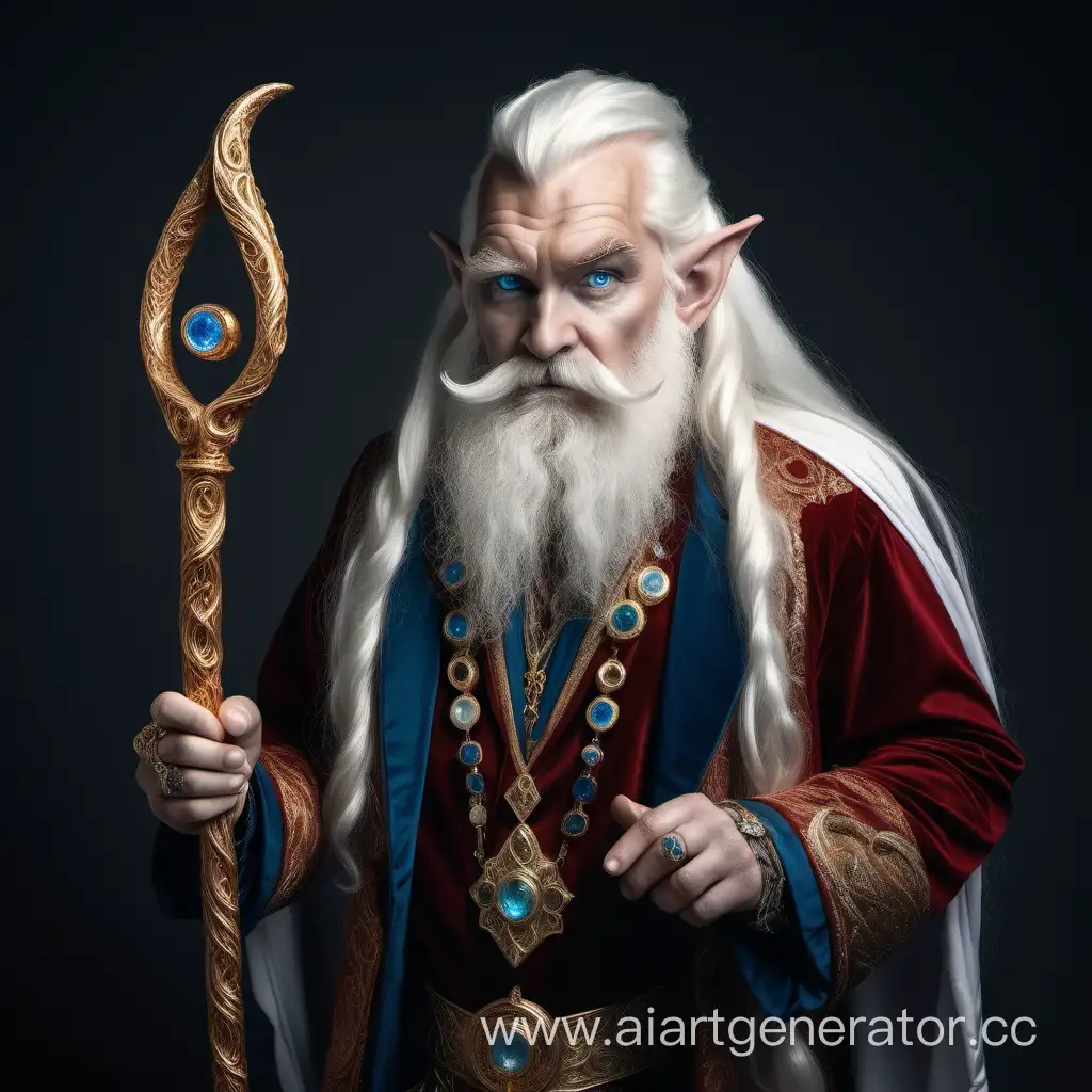 A dwarf man with long elven ears and blue eyes, a very long white beard to the waist and long red hair, dressed in rich and expensive clothes decorated with gold and precious stones, with a cane and rings on his fingers. He is a magician of ice and snow.