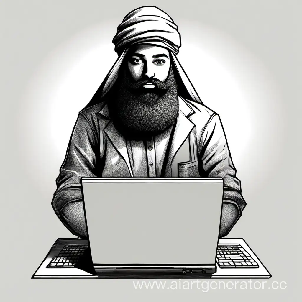 нарисуй человека в арабской шапке с большой бородой работающий программистом