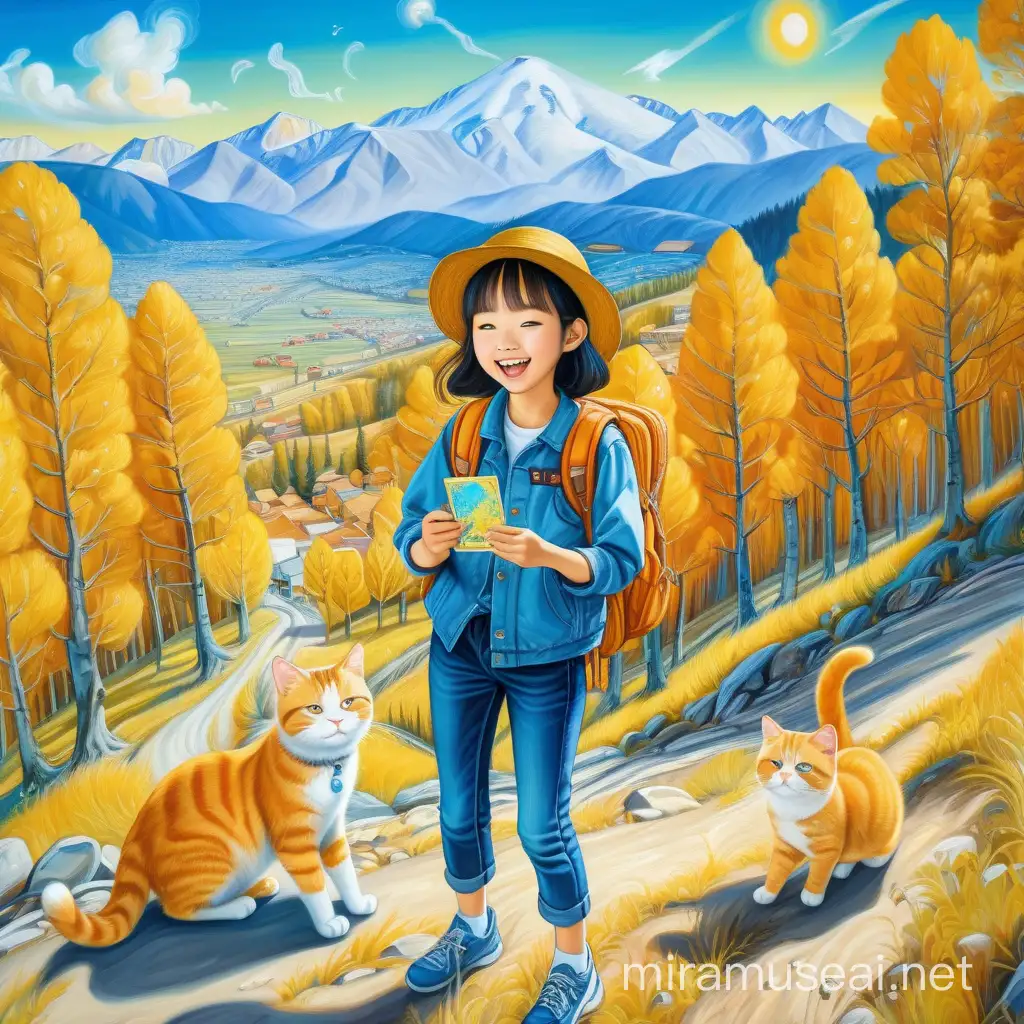 Drone view, One cute Asian teenager, do hiking, wearing clothes exactly like The Fools tarot, the expression is laughing, there is an orange cat beside her, the atmosphere is carefree and confident. The background is top of mountain, surrounded by few trees. The sky is Van Gogh painting. Landscape. Best quality. 