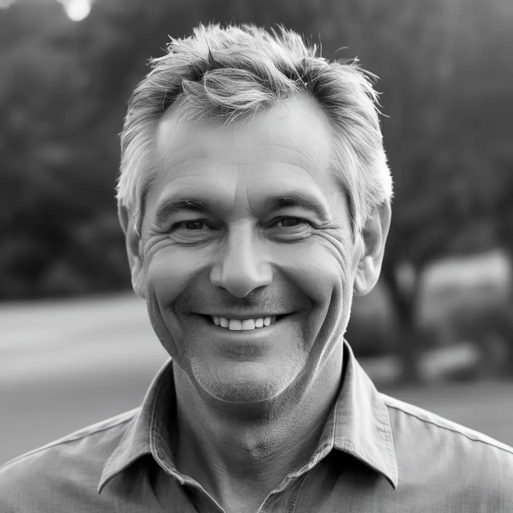 black and white photograph of a normal 50 year old man, greying hair, head and upper body shot, smiling  and looking at the camera, with an outdoors background