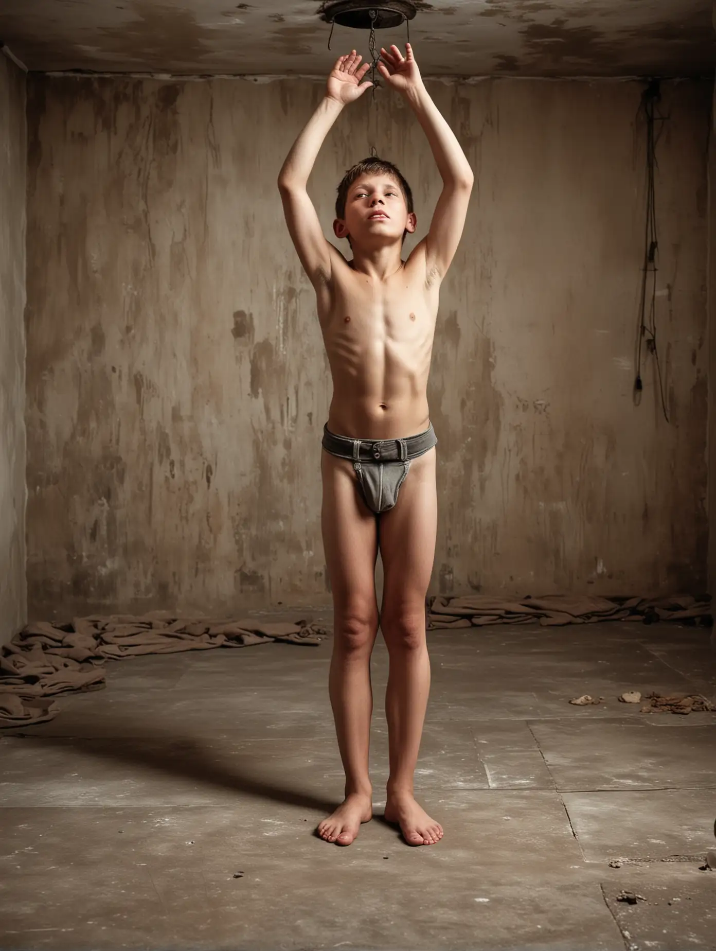 A realistic photo of a 13 years old shirtless, barefooted Russian boy stands on the floor with holding his hands up above his head, waiting for getting executed or killed by enemy soldiers in prison Execution room of a Gulag, face scared with tears, Front view, wide-range view, feet visible
