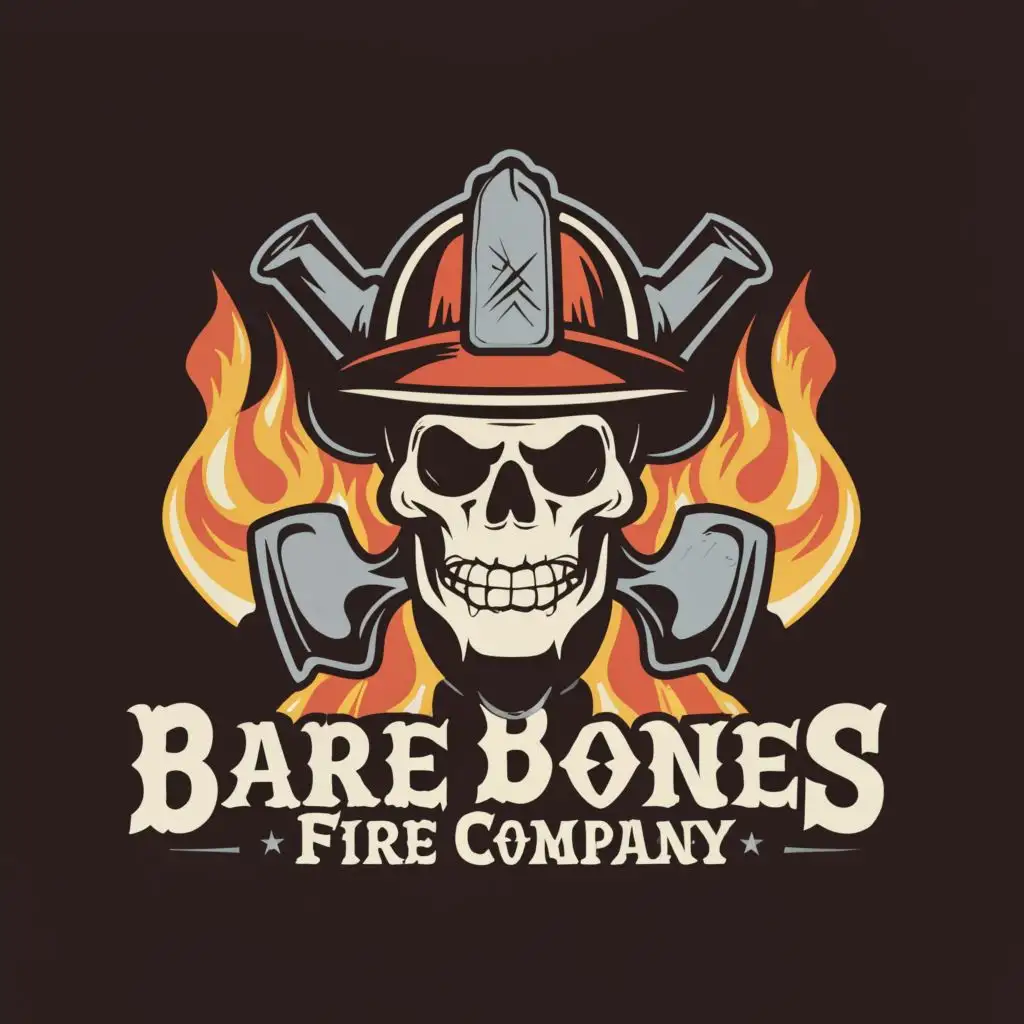 a logo design,with the text "Bare Bones Fire Company", main symbol:Skull with handlebar mustache.  Skull is wearing traditional firefighting helmet,Moderate,clear background