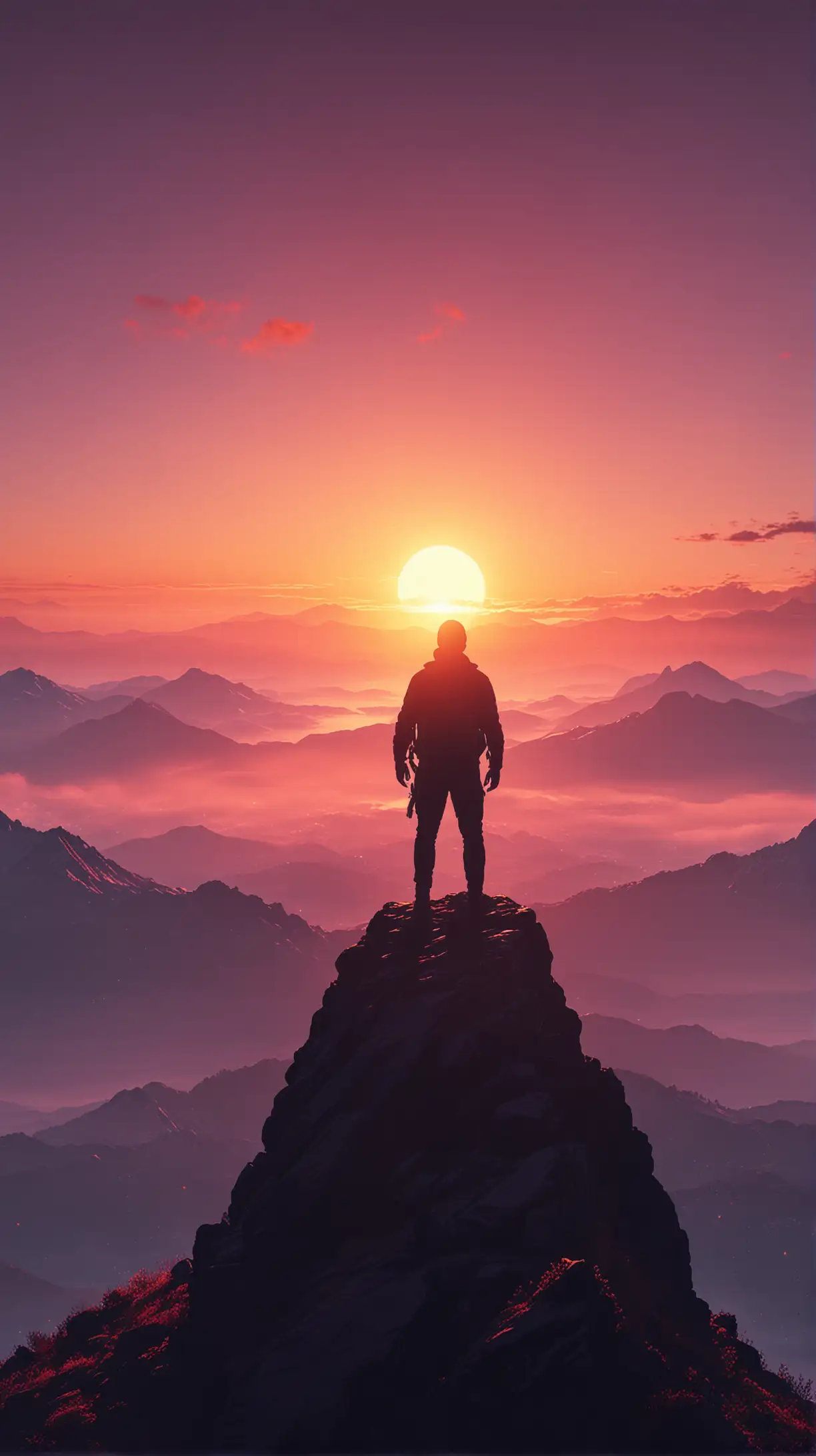 Silhoutte of a man standing on a mountain top, facing a vibrant sunrise, symbolizing overcoming obstacles and the dawn of new beginnings. Highly realistic. Create mildly dark and colourful atmospheric images inspired by noir video games. Use with Vision XL for best results.