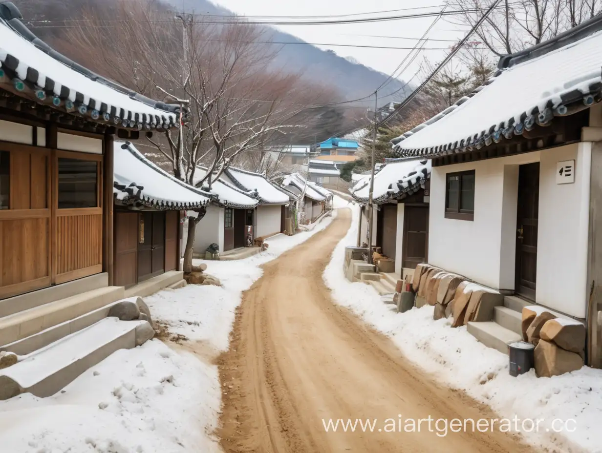 Snowy-Korean-Village-Landscape-with-a-Winter-Dirt-Road