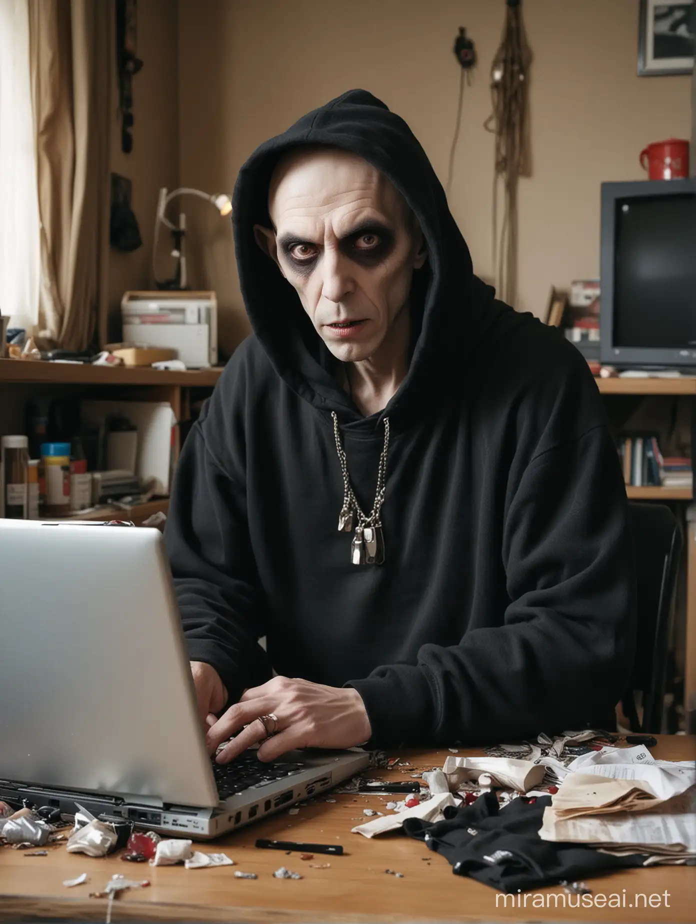 A ugliest male japanese Nosferatu vampire wearing normal clothes and sweatshirt hood inside a filthy living room using his computer, there's a lot of trash above the table. He has a lot of piercing in his face