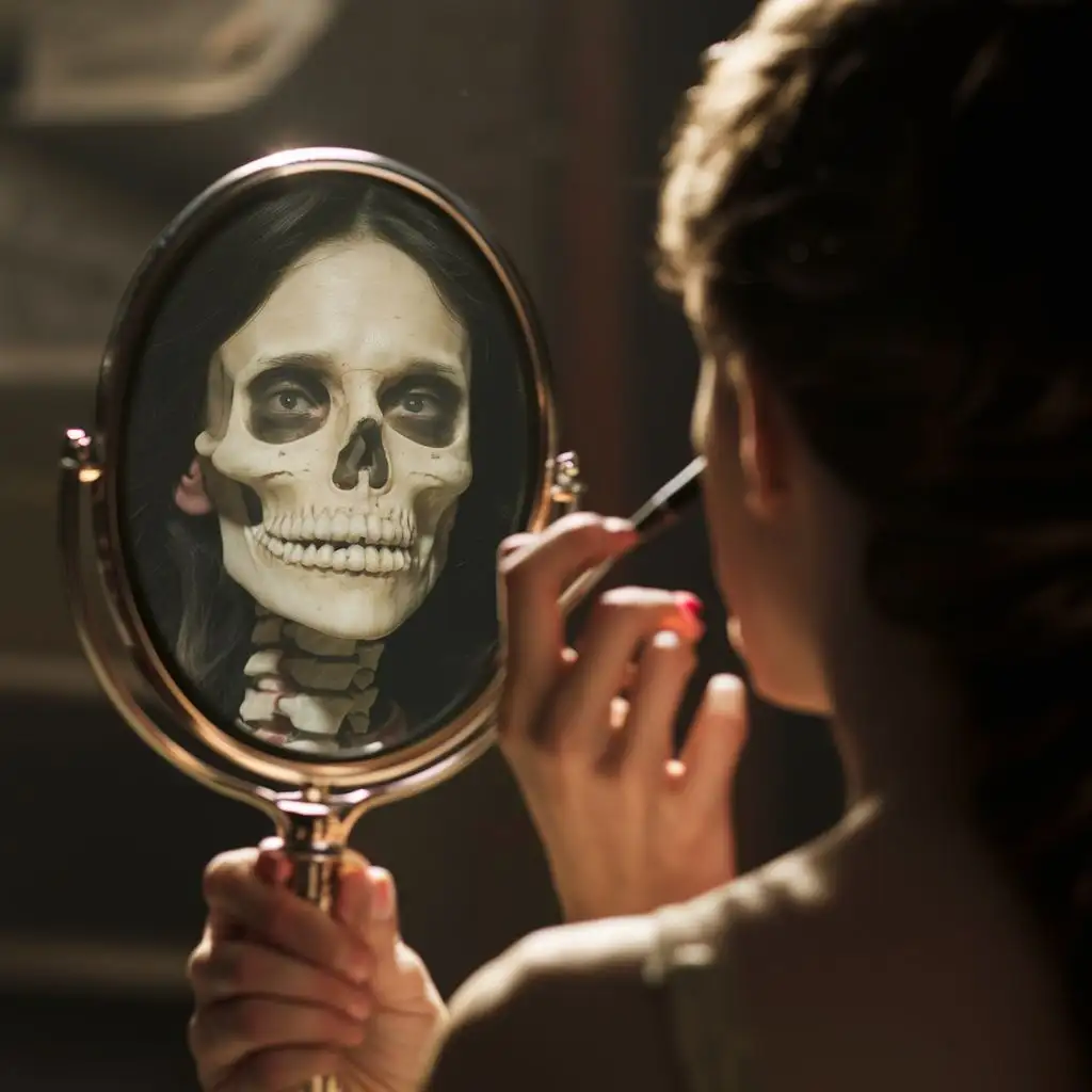 looking over a woman's shoulder into a hand mirror her reflection is her skeleton we don't see here face only the reflection as she does her makeup