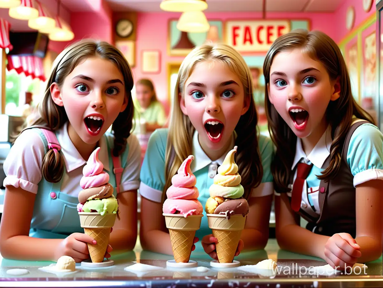 teenage schoolgirls enjoying ice-cream in an ice-cream parlor. They are sitting at a table, full shop scene, great detail, sharp images.