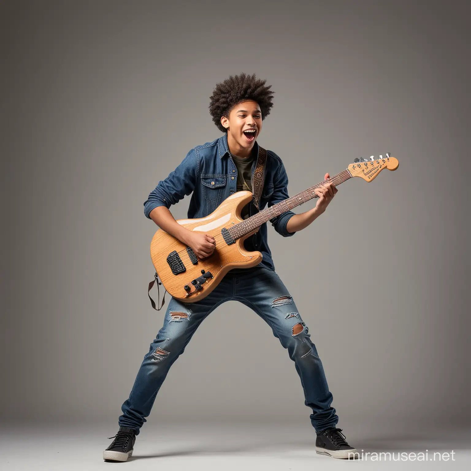 Energetic Mixed Race Teenager Jumping with Guitar