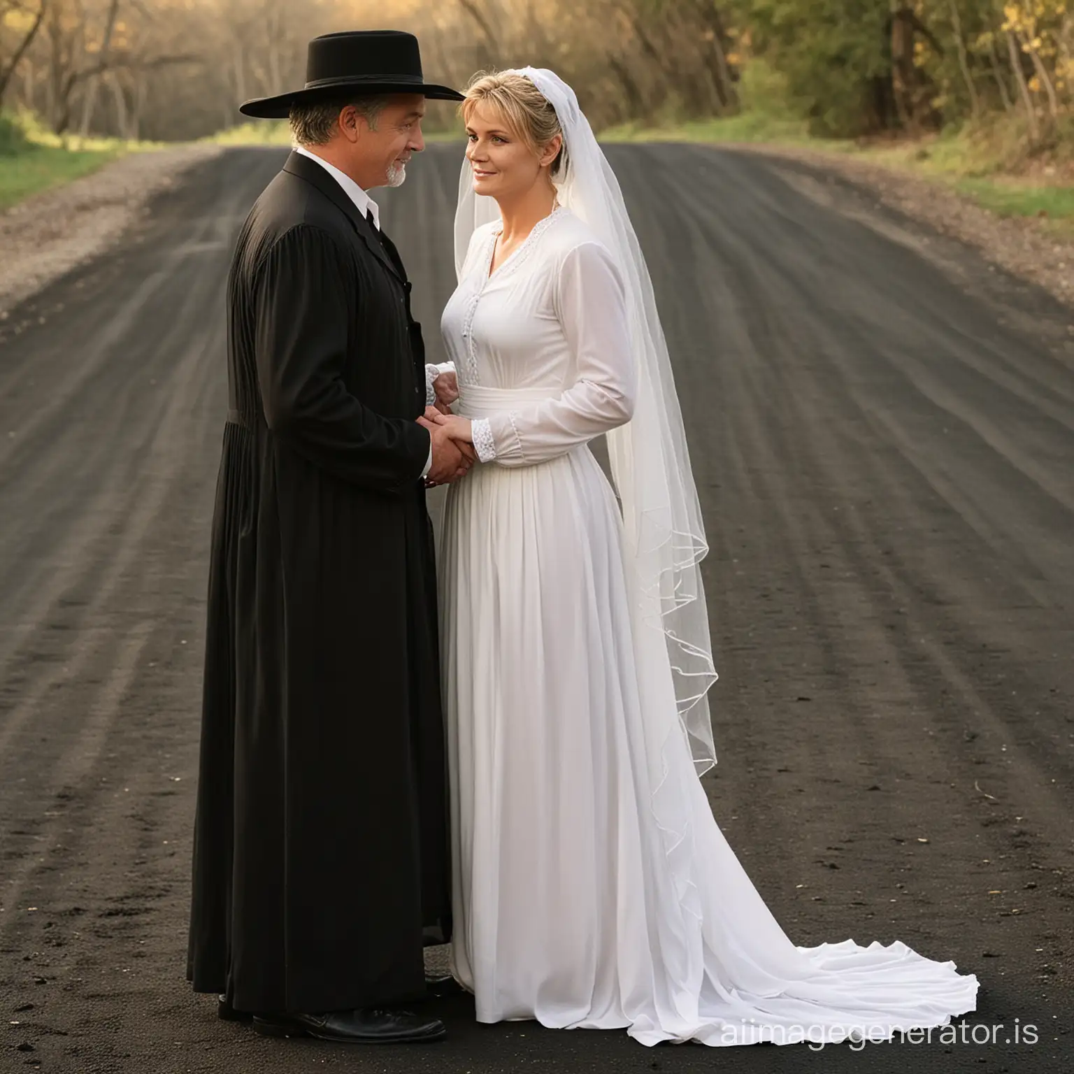 Amanda Tapping as Samantha Carter from SG1 , dressed and veiled as a prim and proper Amish wife in a black floor length traditional Amish dress , curtseying demurely in front of her 70 years old husband