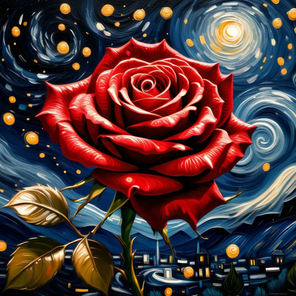 Vibrant Red Rose Against Starry Night Sky Van Gogh Inspired Oil Painting