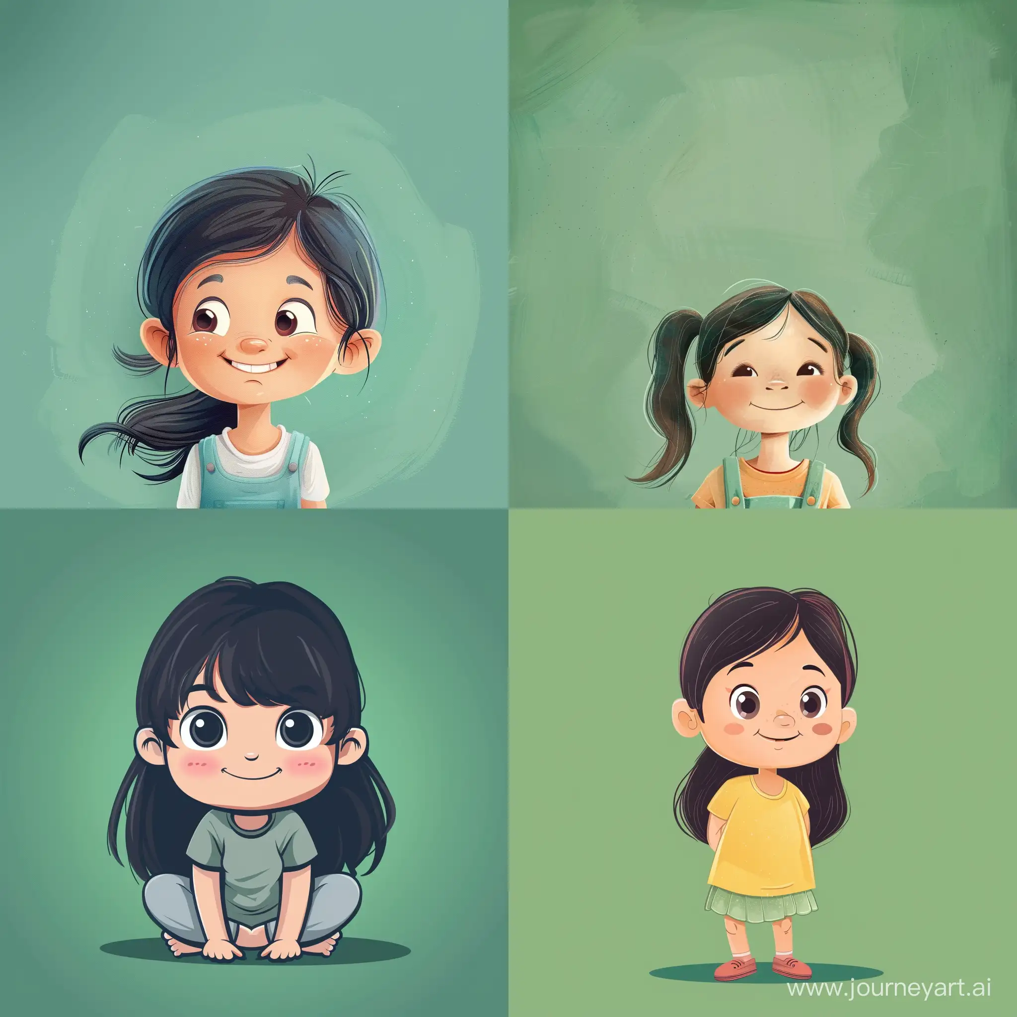 A little Girl with Cheerful Expression, Simple Green Background, Adobe Illustrator Software, High Precision --v 6.0 --s 100