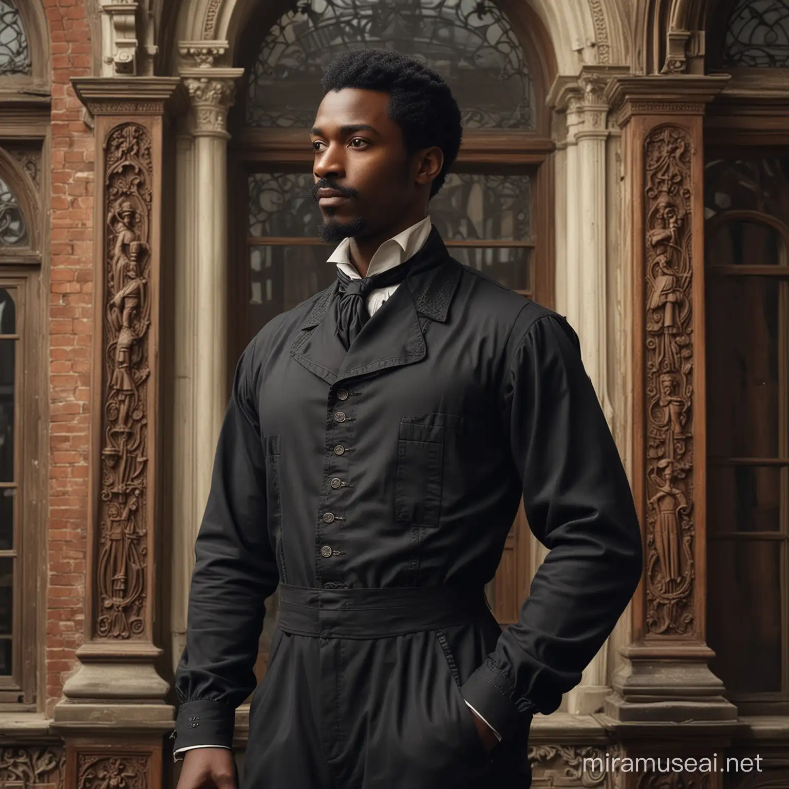 The medium-height black man is depicted in a Victorian-era setting, with elaborate architecture in the background, characteristic of the time, adorned with ornate details and tall windows. He is dressed in a mechanic's jumpsuit typical of the era, adapted to the Victorian style, with a touch of elegance. His seductive mustache and medium beard add an air of mystery and charm to his face, while his firm and confident posture reflects his determination and skill. The contrast between his figure and the historical environment creates a visually captivating composition.