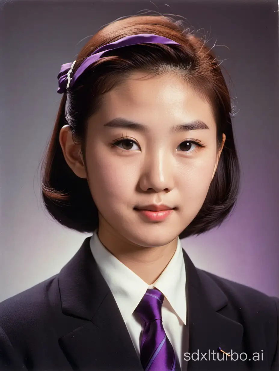 A color head photo of a young Japanese 19-year-old woman wearing A  black suit with purple tie , 1955.The background is biased towards white