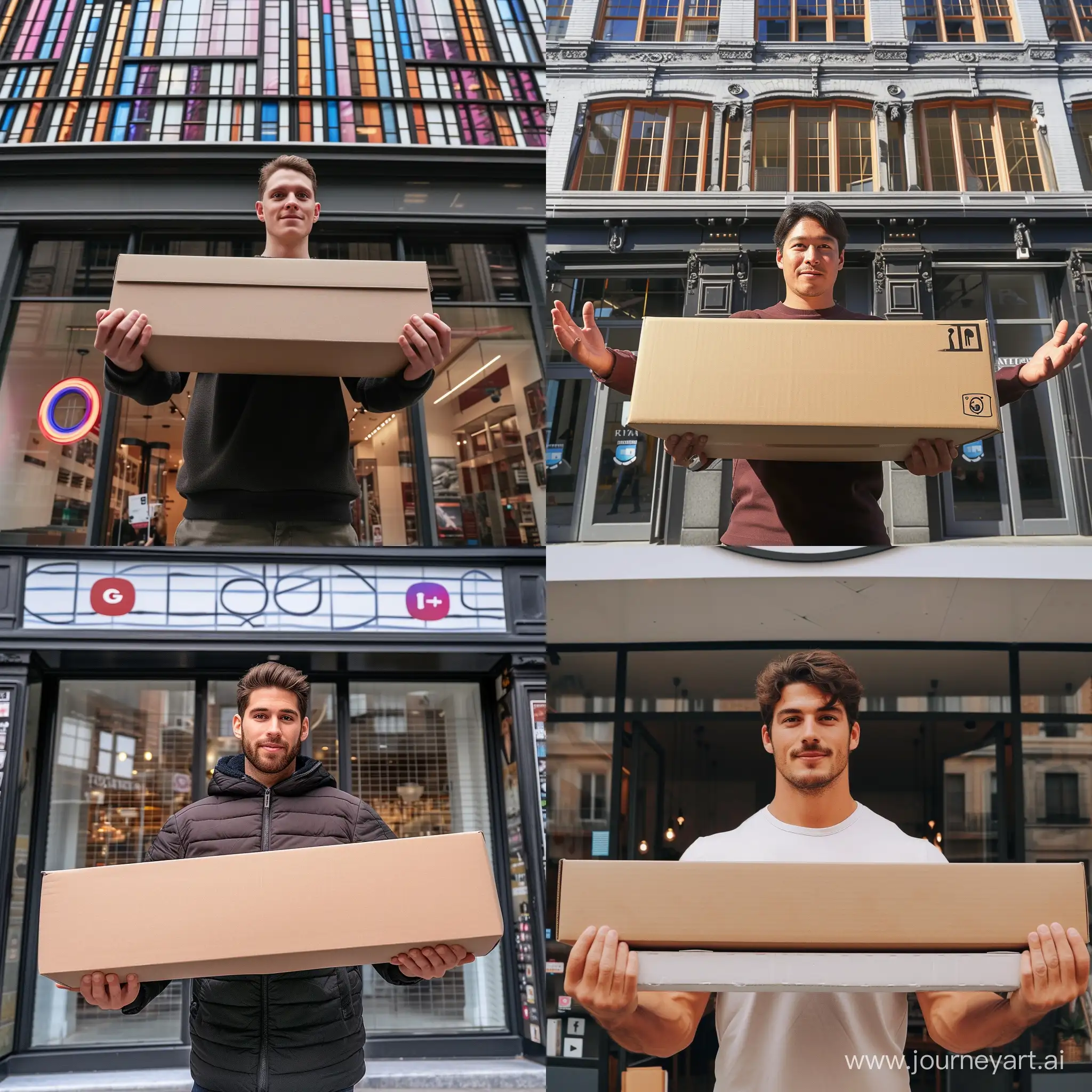 A man in front of the Instagram building has a box 40 cm long and 20 cm high in both hands
From the front view
full height