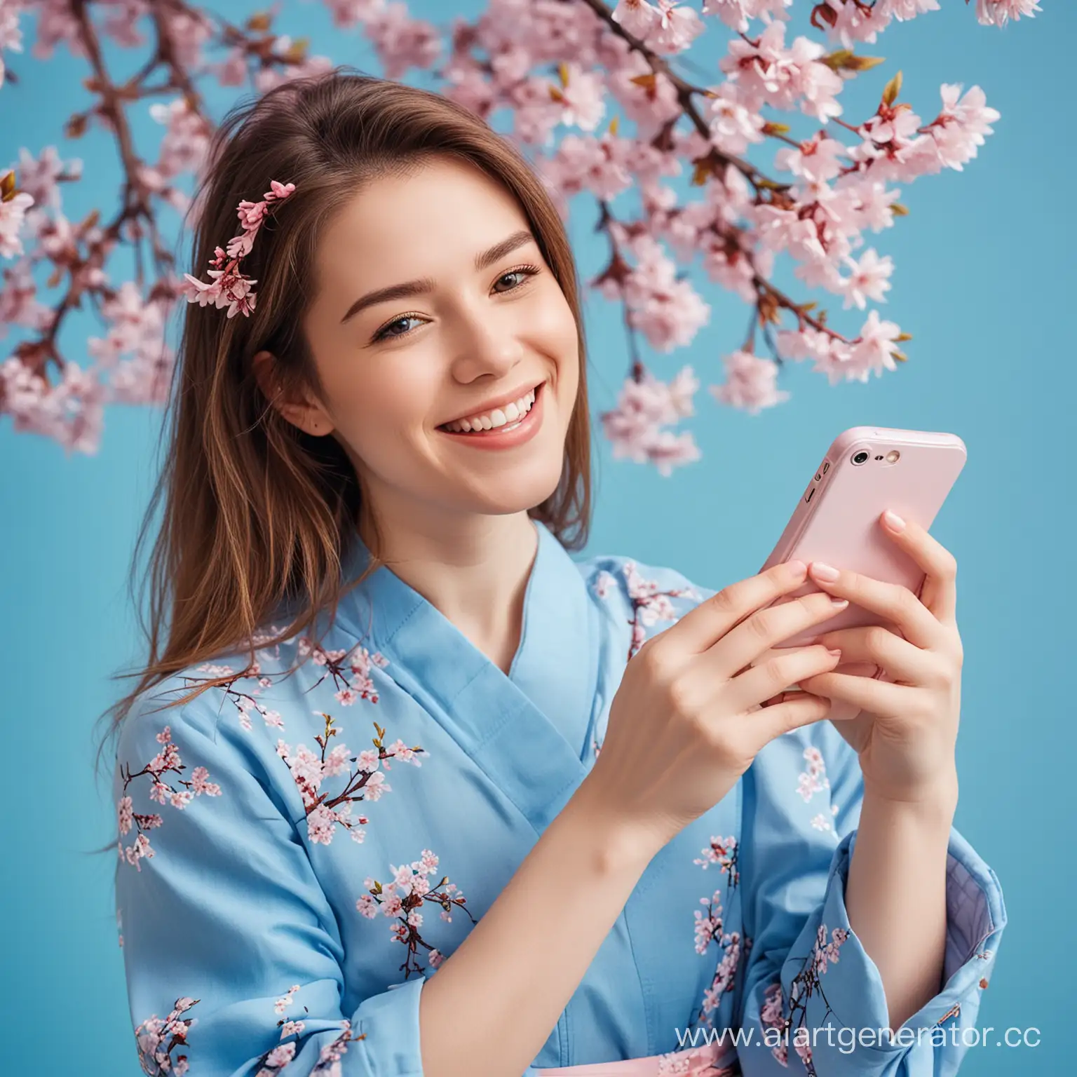 Happy-Girl-Embracing-Spring-with-Smartphone-Under-Sakura-Blossoms
