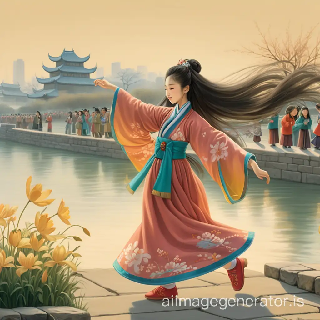 A Chinese long-haired young girl is dancing, with the background of Along the River During the Qingming Festival