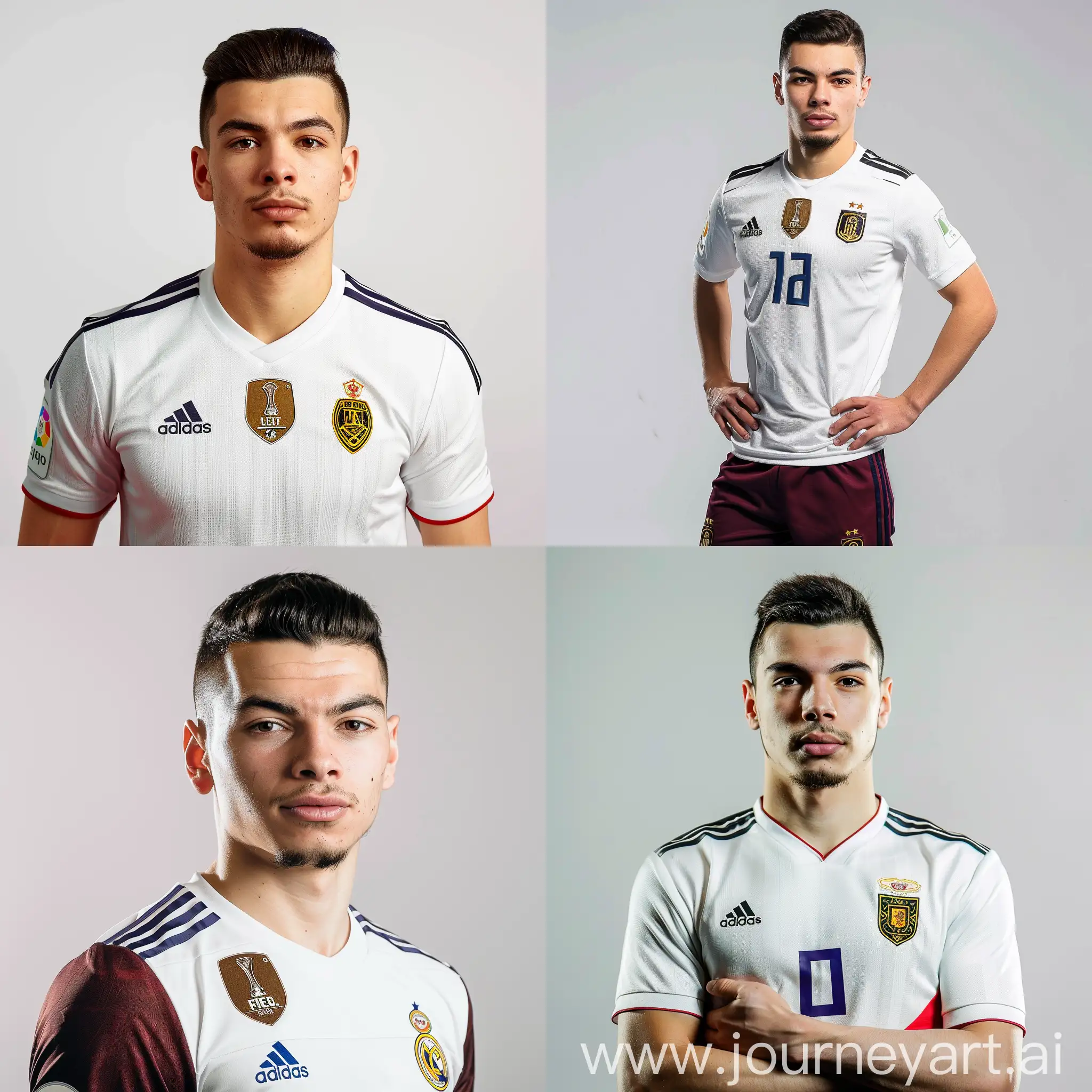a man wear a Moroccan football red kit, white background, studio photography --cref https://www.afriquesports.net/wp-content/uploads/2023/06/Real-Madrid-Brahim-Diaz-e1686670263257.jpg