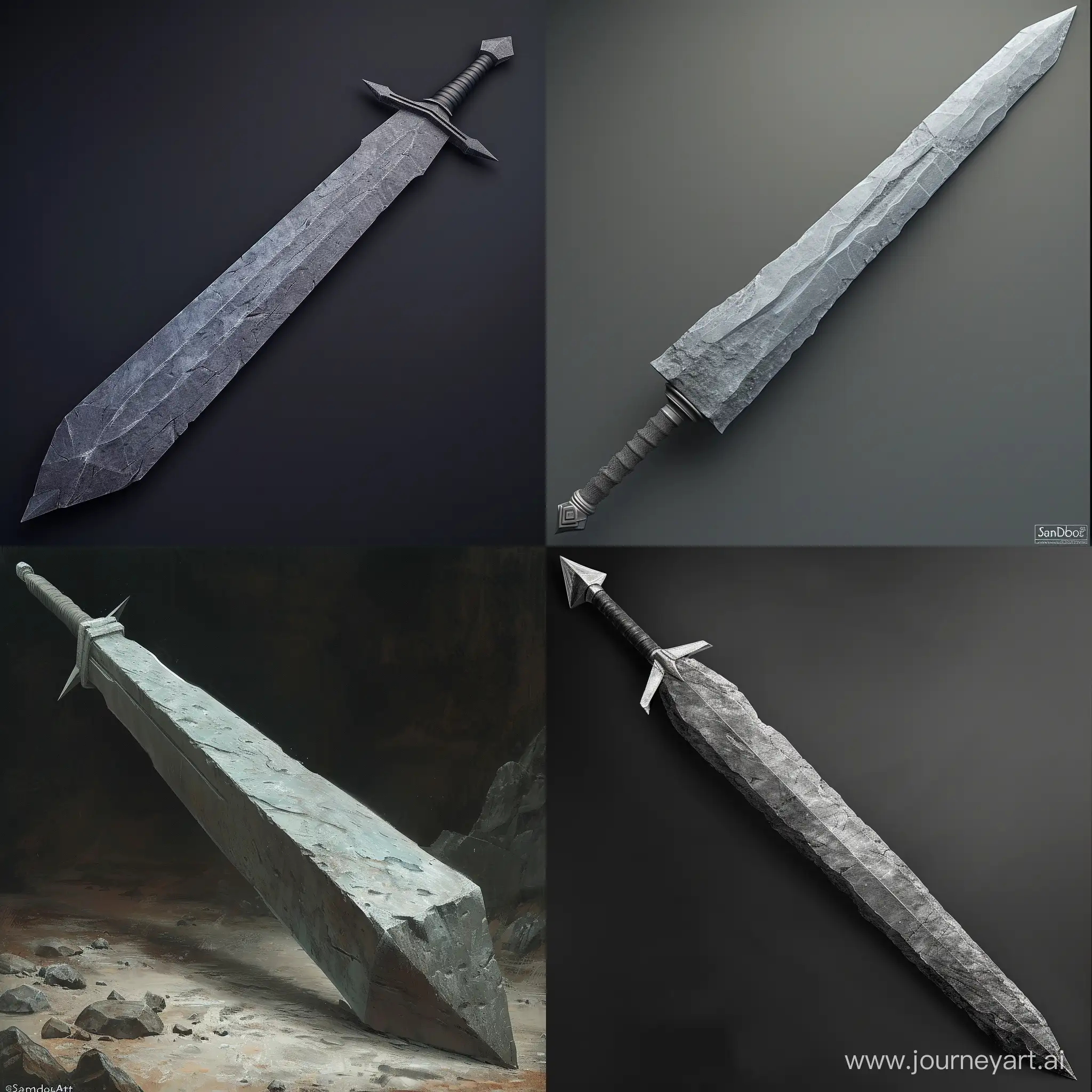 A long and strong stone sword, with a very sharp edge, hyperrealistic surrealism, in Anime style, art by SamDoesArt