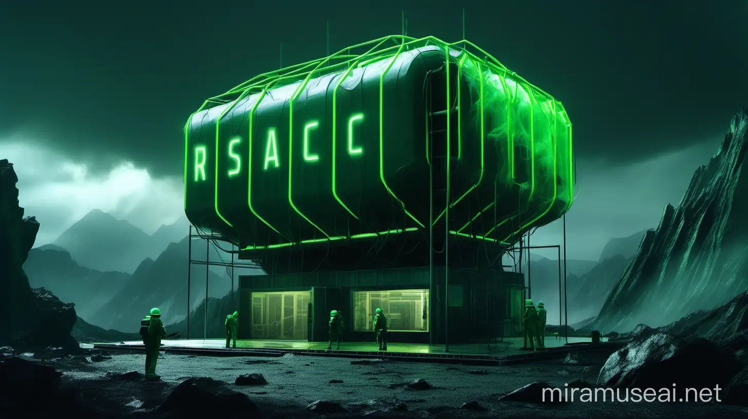 A realistic research center with one worker around it, green neon and big neon lights inside the part, its color shadow on the floor, Rainy weather, staff in dark green uniforms and helmets, Atmospheric and cinematic, The structure is very big and elongated in the shape of a match and wide, A dark green smoke rose from the research center environment and spread in the air, The image space is outside the research center, On a big rocky ground outdoors on a cloudy day,
with very large satellite antennas,
An big green neon cubic cylinder object,
The floor is black and white,
in the mountains.
Realistic dark atmospheric and cinematic.
32k.